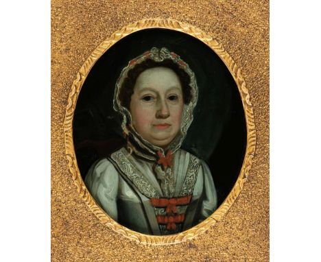 * Glass Paintings. Female portrait, circa 1760, reverse glass painting of a lady in a white satin be-ribboned bodice and lace