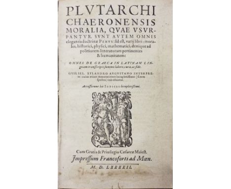 Plutarch. Chaeronensis Moralia,..., volume 1 (of 3), Frankfurt: Feyerabend, 1592, printers woodcut device to the title page, 