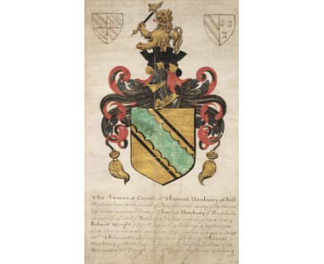 * Heraldry. Armorial bearings of Thomas Hanbury of East Mapledurham c.1634, 'The Armes &amp; Creast of Thomas Hanbury of East