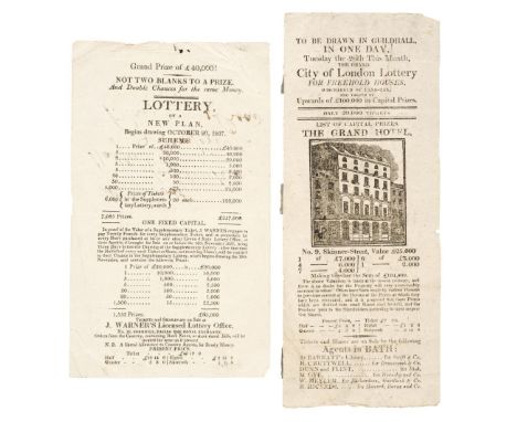 * Lottery broadsides. Two small lottery hand-bills, 1807 and no date, the first offered by J. Warner, No. 16, Cornhill, for a