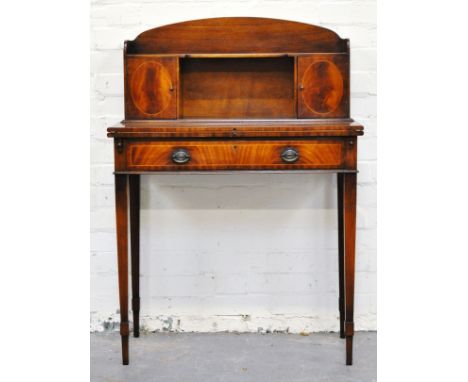 Reproduction mahogany bonheur du jour, raised superstructure with a shelf and cupboard, flap-over front, with a tooled writin