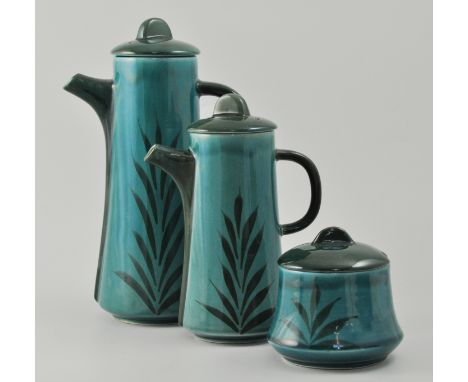 1960's turquoise "West Country" coffee set, to include, large coffee pot, small coffee pot, sugar bowl, six cups, six saucers