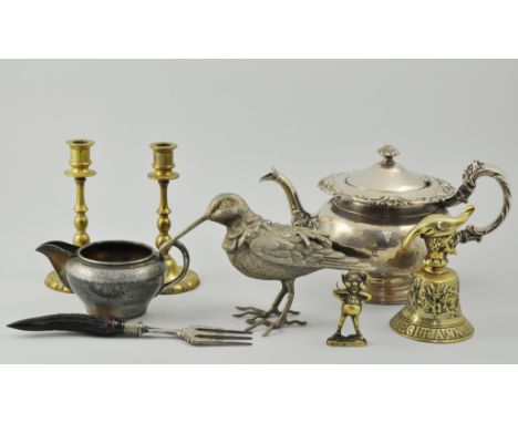 Silver-plated model of a bird, a pair of brass candlesticks and other metalware, various, (1 box).