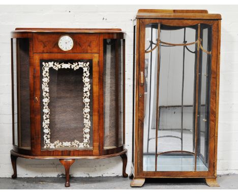 Walnut and stained wood china cabinet, glazed door, mirrored interior, width 61cms and a walnut finish china cabinet, incorpo