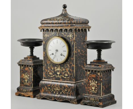 French Second Empire tortoiseshell and inlaid three piece clock garniture, clock with a Chinese casket hood, white enamel dia