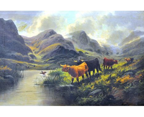 G. Hutton, Highland cattle, one signed, a pair, oil on canvas, 50 x 76cms.
