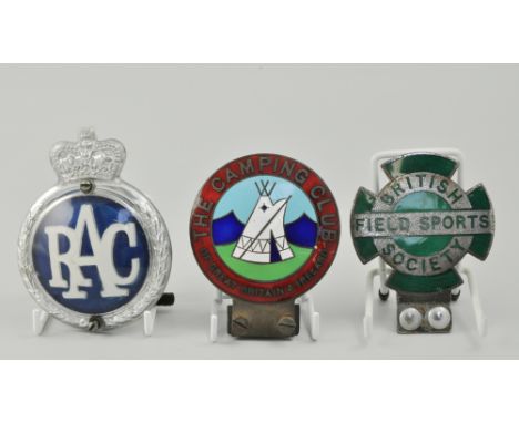 Three vintage car badges, British Field Sports Society, The Camping Club and RAC.