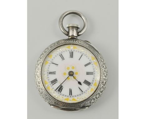 Continental silver lady's fob watch, bright-cut engraved case, white enamel dial, Roman numerals, stamped - 0.935.