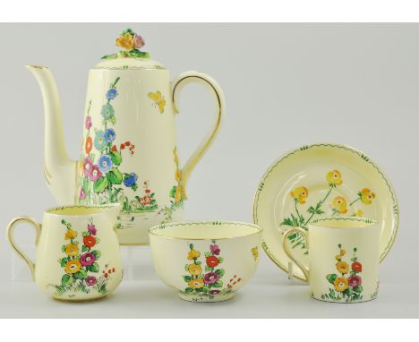 Crown Staffordshire "Pan" design coffee set, to include coffee pot, milk jug, sugar bowl, six coffee cans and six saucers, (o
