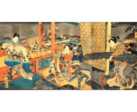 Japanese wood block print, figure in a garden, 24 x 22cms, two other Japanese prints, sporting print, mezzotints, etc.