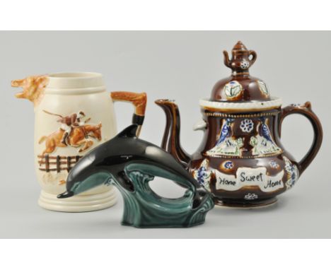 Poole pottery model of a dolphin, a Barge ware style teapot and other various decorative ceramics, (1 box).