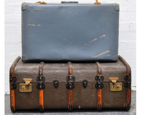 Old cloth trunk, with wooden slats, width 83cms and a blue cloth suitcase, (2).