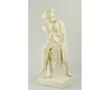 Large 19th Century Minton Parian ware figure of Mercury, after D Thornvaldsen, model seated with a sword to his side, on a sq