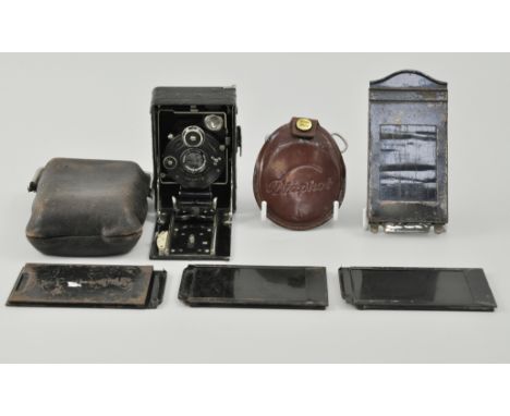 ICA plate camera, in original leather case, with plates, together with a  Zeiss Ikon light meter.