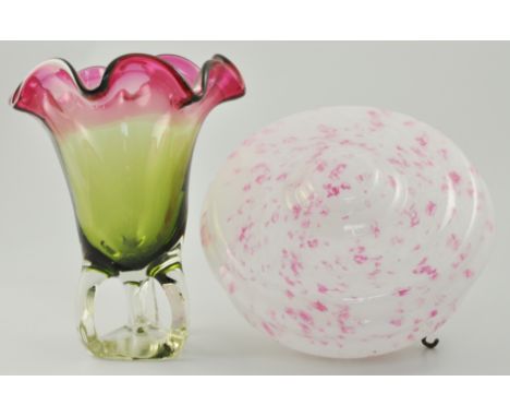 Two glass light bowls and four other pieces of glassware, (6).