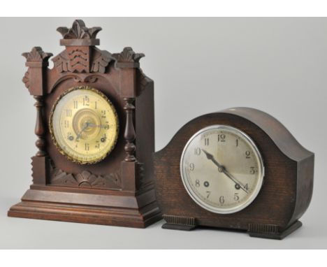 American eight-day shelf clock, together with an eight-day oak-cased mantel clock, (2).