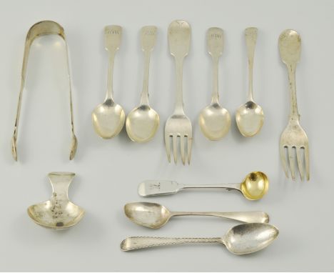 Hallmarked silver caddy spoon, London 1802, hallmarked silver pair of sugar tongs, together with a small collection of hallma