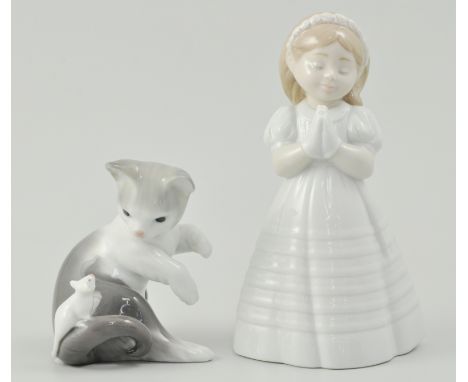 Lladro group, modelled as a cat and mouse, together with a Nao model of a little girl, 14cms, (both boxed), (2).