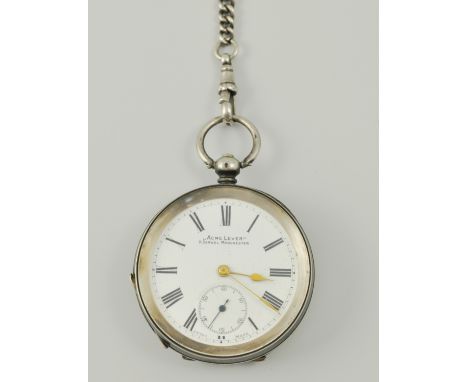 Silver cased pocket watch, right enamel dial, signed Acme Lever, H Samuel, Manchester, with an Albert.