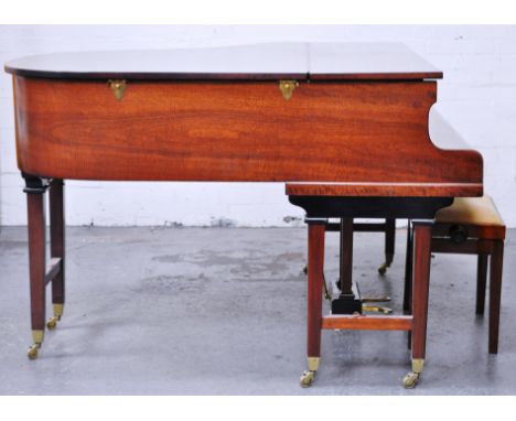 Modern mahogany finish baby grand piano, pine framed and over strung, with over-dampers on paired square tapering legs, width