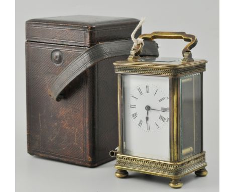 19th Century French carriage clock, white enamelled dial, with Roman numerals, 12cms, together with case.