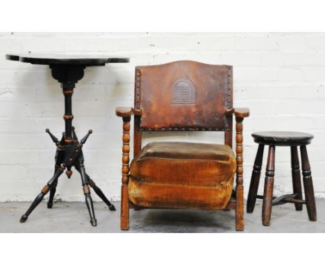 Oak occasional chair, leather panelled back, open arms, width 56cms, a elm Windsor stool and a gypsy table, (3).
