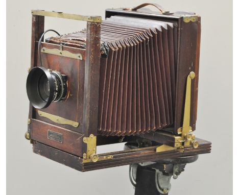 Vintage plate camera, adapted, on an adjustable tripod, 123cms.