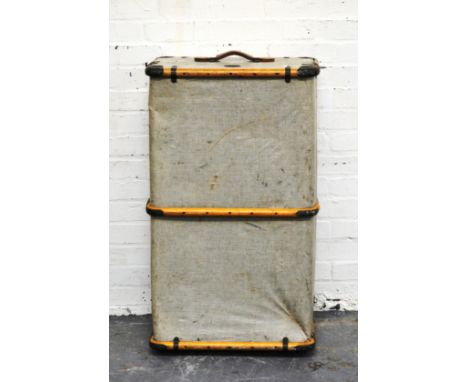 Cloth trunk, with wooden slats, labelled - "The Bag Stores, Leicester and Northampton", 93cms.