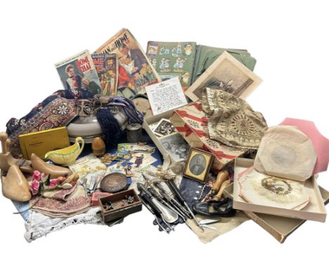 An interesting collection of items to include antique wooden shoes lasts, an ottoman embroidered tray cloth, antique postcard