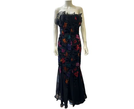 Two C1980s evening gowns, one a strapless, fishtail devore gown by Frank usher and the other very much in the 50s style with 