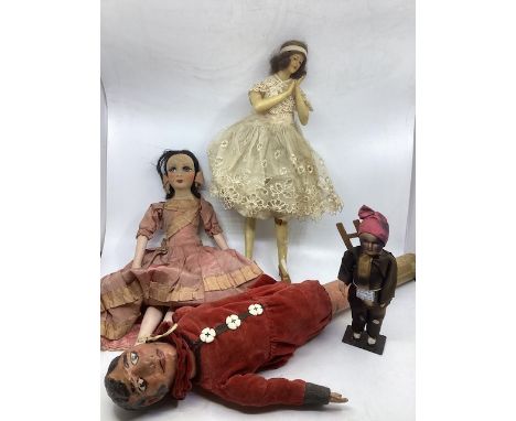 Antique dolls ; to include a wax lady doll( repaired leg and at fault with bent arms and head in side pose c 16&rdquo; and a 