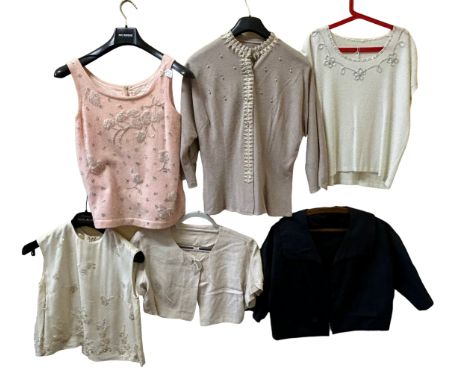 1950s and 60s vintage tops, jackets and blouses to include a fine boucle knit with silver soutache, a black hand knit with be