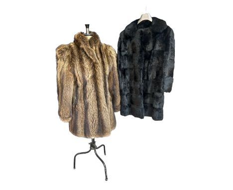 Two vintage fur coats 3/4 length to include a 1940s style raccoon with structured shoulders and jacquard lining c1980s, S-M a