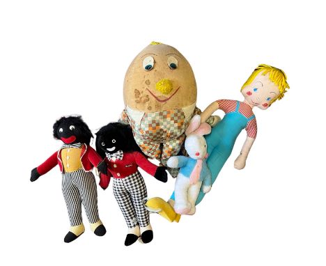Vintage Ironbridge Merrythought rag dolls to include: a large Humpty Dumpty with inner jingle, a large standing size rag doll