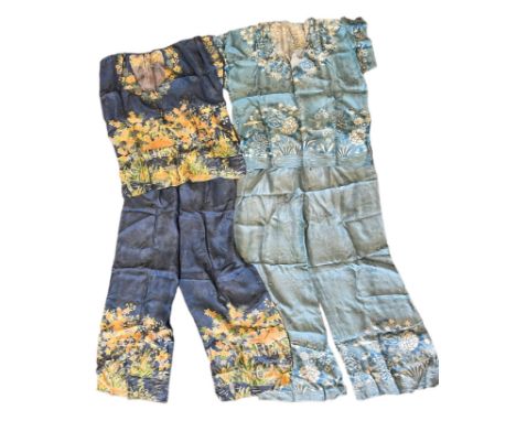 Two sets of 1930s/40s pyjamas in self fabric cloth cases, East Asian souvenir pieces made from a jacquard rayon with printed 