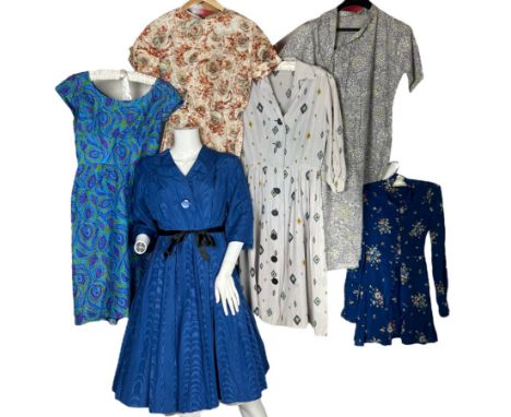 A1950s fit and flare style dress in  blue moire, a 50s/60s pencil dress with shelf bust in silk/ rayon by Teena Paige, a 1940