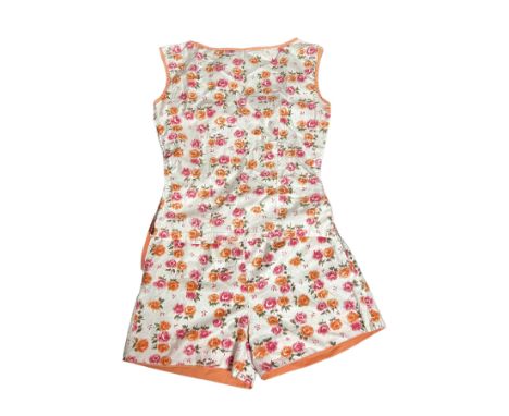 Vintage summer fashions to include a Londonus label 1950s short suit with roses in hot pink and orange, a novelty print cotto