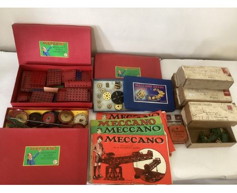 Vintage 1940s/1950s Meccano accessory sets and cogs and wheels etc and many boxes of small parts for creating models and seve