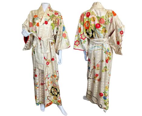 Vintage Japanese silk kimono with floral embroidery detailing depicting a flower cart, maple leaves, cherry blossom and chrys