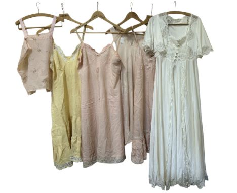 A group of vintage lingerie to include a nylon and lace pegnoir set, a 1940s rayon slip with lace "Royalty by Jaqueline, Made