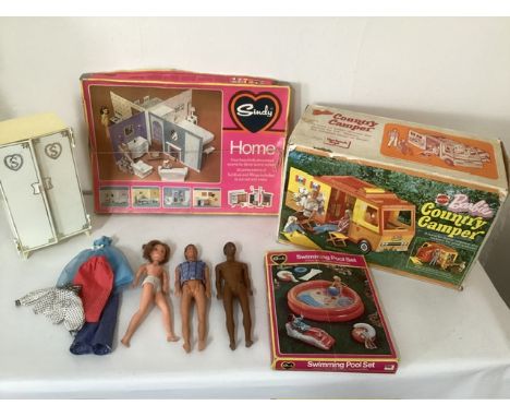 Vintage 1970s Trendy Sindy and barbie dolls, and Ken and friend together with a hard card slot in boxed sindy house and &nbsp