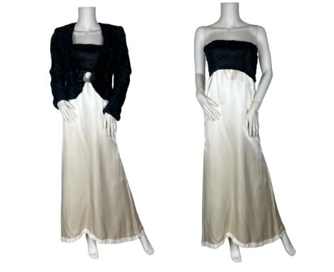 A late 1990s Gerald Watelet couture strapless evening gown and jacket made from silk satin and  a textured silk velvet in the