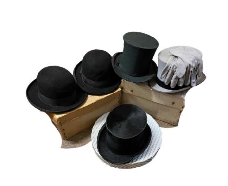 &nbsp;A collection of antique and vintage men's hats to include: a silk top hat made by Christy's London (width: 16cm, front 