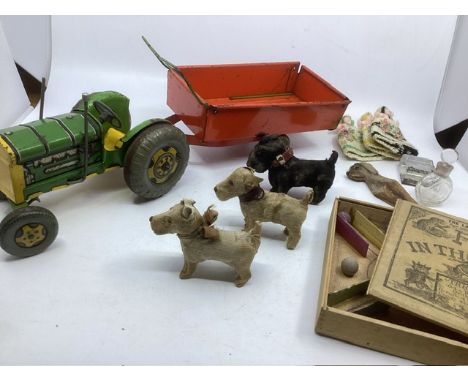 British Tin plate vintage Tractor and trailer toy , 3 small 1930s cloth and skin toy dogs c 3.5&rdquo; terriers , a dog door 