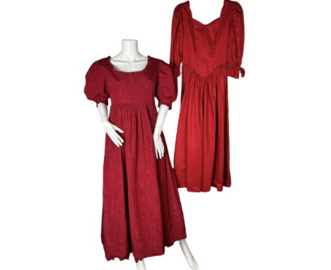 Two red vintage Laura Ashley dresses, one late 70s in a moire taffeta (cotton/ acetate blend), one 1980s 80s in cotton (2)  G