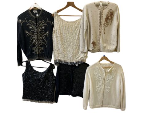 A group of 9 beaded and sequined 1950s/60s cardigans and tops to include a black 'Jaymar knitwear, New York' cardigan with se