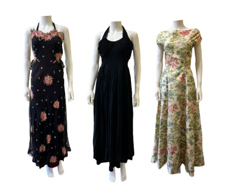 vintage evening wear to include a floral 1950s gown in a lightweight silk faille with voile lining, a 40s/50s halterneck gown