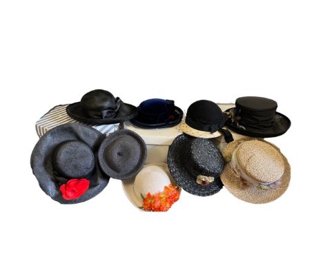 Vintage hats in hat boxes to include a straw and feather hat by Selfridges, a 1980s structural Mitzi Lorenz hat, a Frederick 