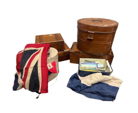 A collection of vintage items to include three wooden writing slopes with marquetry designs, two metal hat boxes, a box of vi