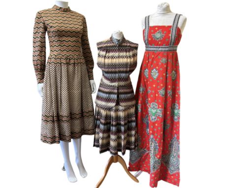 A Liberty of London label 1970s midi dress with high neck and back zipper, fully lined along with a Jean Varon two piece cons